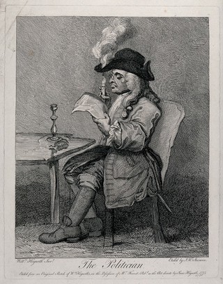 A politician engrossed in reading the "Gazetteer" and burning the brim of his hat with a candle while he does so. Etching by J. K. Sherwin after W. Hogarth.