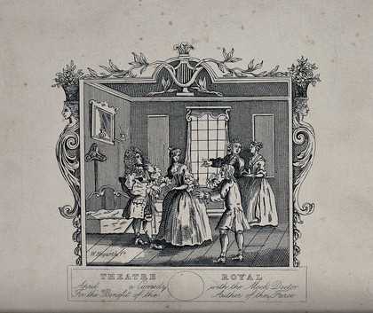 An episode from a farce in the theatre: three men and two women engaged in a dispute with one man pointing at the guilty-looking young woman at the front. Etching after W. Hogarth.