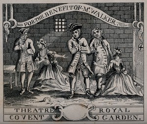 view An episode in The beggar's opera: the highwayman Macheath in prison, two young women are kneeling in front of two men and begging for his release. Etching after W. Hogarth.