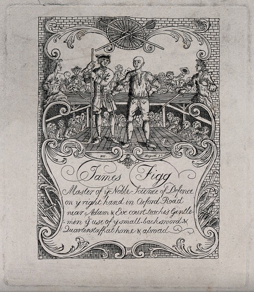 Ticket for James Figg, the famous pugilist. He is shown on stage holding his sword. Etching after W. Hogarth.