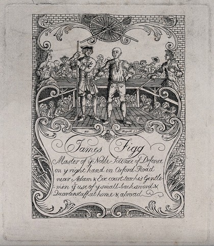 James Figg the  pugilist on stage holding his sword. Etching..