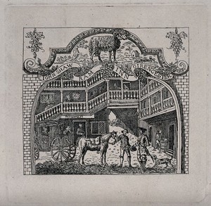 view A coach stopping in the courtyard of John Shaw's "Ram Inn" in Cirencester. Etching after W. Hogarth.