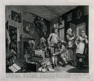 view A rake, Tom Rakewell, is measured for new clothes while a servant is hanging the room in black to show mourning. Engraving by T. Cook after W. Hogarth.