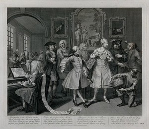 view Tom Rakewell's morning levee (his nightcap is still on his head). Engraving by T. Cook after W. Hogarth.