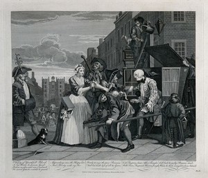 view Tom Rakewell is arrested for debt on his way to the Royal Court to seek preferment when he is saved by Sarah Young. Engraving by T. Cook after W. Hogarth.