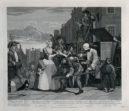 Tom Rakewell is arrested for debt on his way to the Royal Court to seek preferment when he is saved by Sarah Young. Engraving by T. Cook after W. Hogarth.