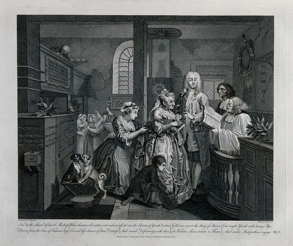Tom Rakewell is getting married to a one-eyed elderly hunchback in the church of St. Mary le Bone. Engraving by T. Cooke after W. Hogarth.