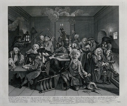 A dishevelled Tom Rakewell in the gambling house, the obsessed gamblers are unaware of a fire breaking out in the wainscoting. Engraving by T. Cook after W. Hogarth.