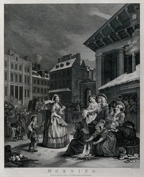 An old woman, the prude, is standing near a crowd of people huddled around a bonfire in Covent Garden; representing the morning. Engraving by T. Cook after W. Hogarth.