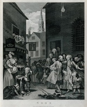 view A church and a tavern are contrasted, just as the pious churchgoers and the lusty, eating and sloppy people who ignore the church; representing noon. Engraving by T. Cook after W. Hogarth.