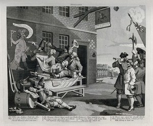view Recruitment and measurement of soldiers outside a village inn. Engraving by T. Cook after W. Hogarth.