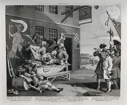 Recruitment and measurement of soldiers outside a village inn. Engraving by T. Cook after W. Hogarth.