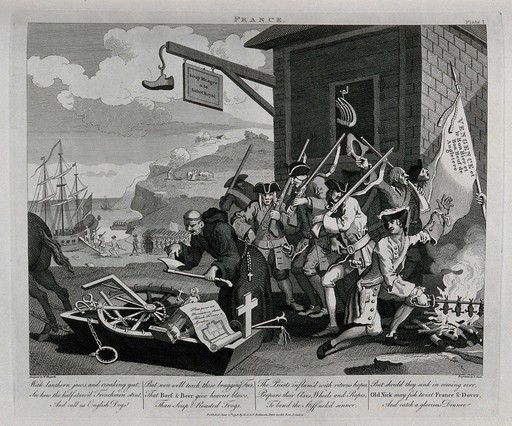 French troops loading a ship for the invasion of England. Engraving by T. Cook after W. Hogarth.