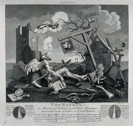Time himself is dying with his scythe and hourglass broken and his pipe snapped, he comes to an end uttering "Finis". Engraving by T. Cook after W. Hogarth.