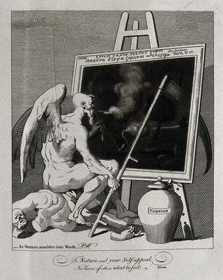 Time is blowing pipe-smoke onto a painting while his scythe has sunk into the canvas; representing the ageing of paintings as they acquire Old Master status. Engraving by T. Cook after W. Hogarth.