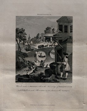 Satire on false perspective: a landscape with absurd situations due to incorrect perspective. Engraving by T. Cook after W. Hogarth.