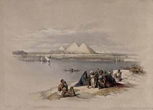 view Pyramids at Gîza, seen from the banks of the Nile, Egypt. Coloured lithograph by Louis Haghe after David Roberts, 1846.