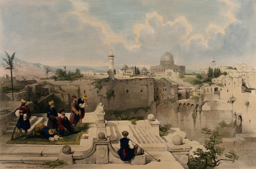 A group of worshippers at the site of a temple, with the mosque of Omar, Jerusalem, Israel. Coloured lithograph by Louis Haghe after David Roberts, 1846.