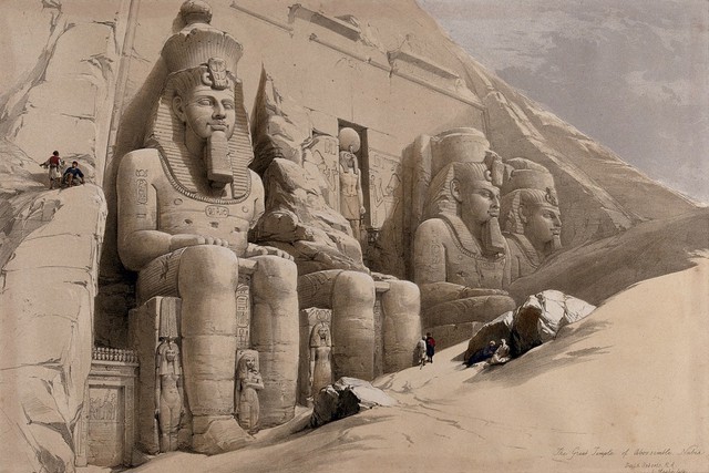 Statues outside the temple of Abu Simbel, Egypt. Coloured lithograph by Louis Haghe after David Roberts, 1849.