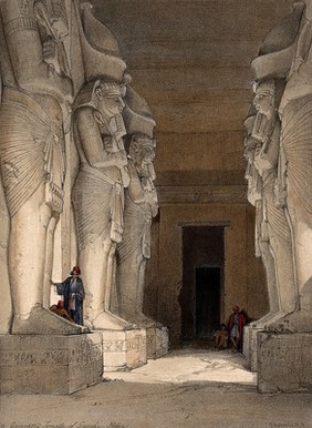 Statuary in excavated temple at Gyrshe, Nubia. Coloured lithograph by Louis Haghe after David Roberts, 1846.