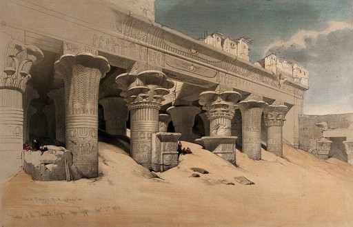 Columns of the temple at Idfu, Egypt. Coloured lithograph by Louis Haghe after David Roberts, 1846.