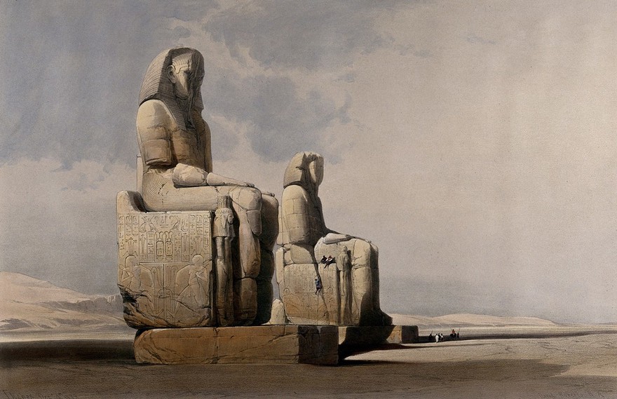Colossal statues of Memnon (Pharaoh Amenhotep III), Thebes, Egypt. Coloured lithograph by Louis Haghe after David Roberts, 1849.