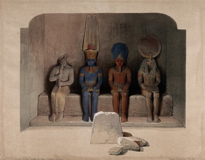 Statuary of Egyptian deities in the temple at Abu Simbel, Egypt. Coloured lithograph by Louis Haghe after David Roberts, 1846.