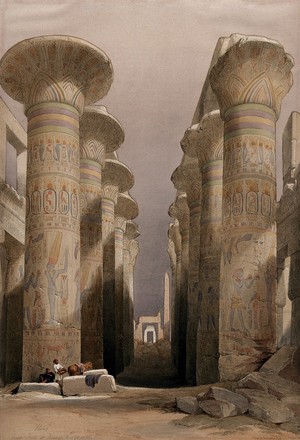 view Decorated pillars of the temple at Karnac, Thebes, Egypt. Coloured lithograph by Louis Haghe after David Roberts, 1846.