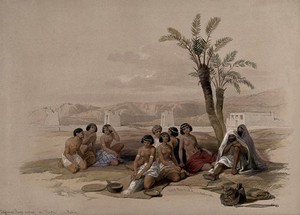 view Male and female Ethiopian slaves resting, Korti, Sudan. Coloured lithograph by Louis Haghe after David Roberts, 1846.