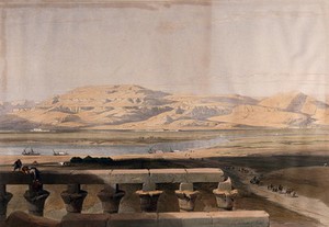 view Mountain range seen over the Nile from the temple at Luxor, Egypt. Coloured lithograph by Louis Haghe after David Roberts, 1846.