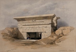 view Decorated gateway at Dendera, Egypt. Coloured lithograph by Louis Haghe after David Roberts, 1846.