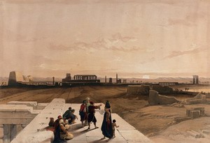 view Sunset over the ruins at Karnac, Thebes, Egypt. Coloured lithograph by Louis Haghe after David Roberts, 1846.