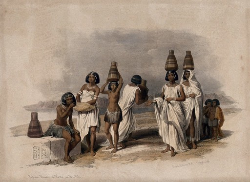 Group of Nubian women and children resting by the Nile at Korti, Sudan. Coloured lithograph by Louis