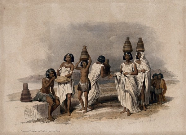 Group of Nubian women and children resting by the Nile at Korti, Sudan. Coloured lithograph by Louis Haghe after David Roberts, 1846.