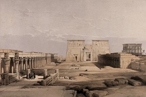 view Temple at Philae, Egypt. Tinted lithograph by Louis Haghe after David Roberts, 1846.