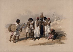 view Group of Nubians with weapons, Egypt. Coloured lithograph by Louis Haghe after David Roberts, 1849.