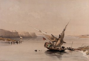 view Boat approaching the fortress of Ibrim, Egypt. Coloured lithograph by Louis Haghe after David Roberts, 1849.