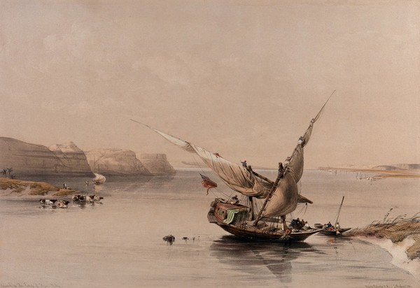 Boat approaching the fortress of Ibrim, Egypt. Coloured lithograph by Louis Haghe after David Roberts, 1849.
