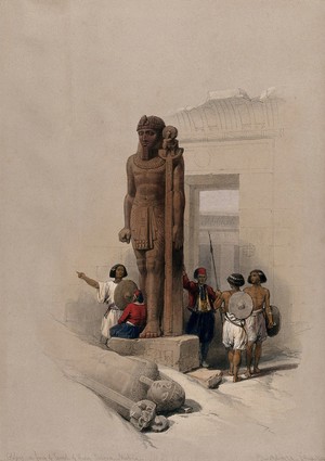 view Statue at the temple at Wadi Saboua, Egypt. Coloured lithograph by Louis Haghe after David Roberts, 1849.