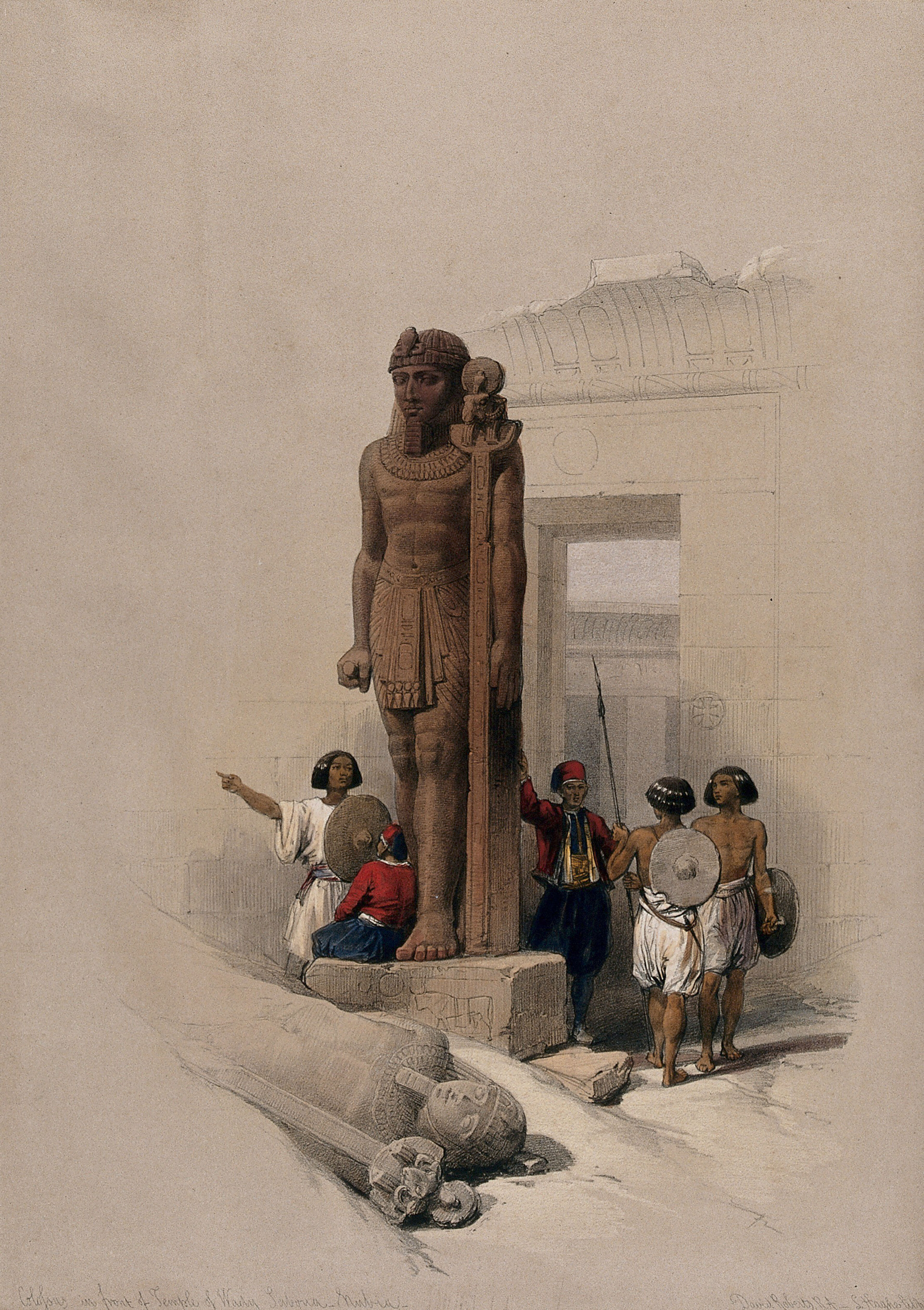 Statue at the temple at Wadi Saboua, Egypt. Coloured lithograph by Louis Haghe after David Roberts, 1849.