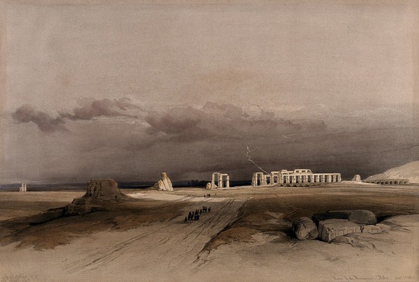 Lightning over the ruins at Memnonium at Thebes, Egypt. Coloured lithograph by Louis Haghe after David Roberts, 1849.