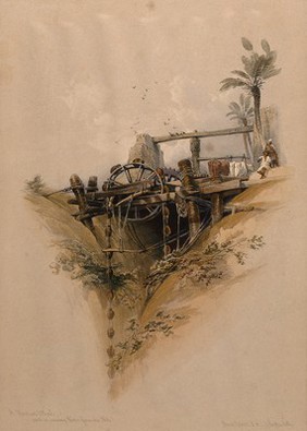 A Persian wheel, a device used in the irrigation of the Nile, Egypt. Coloured lithograph by Louis Haghe after David Roberts, 1849.