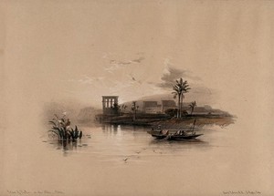 view Temple of Philae, seen from the Nile, Egypt. Coloured lithograph by Louis Haghe after David Roberts, 1849.