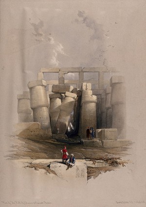 view Leaning columns in the temple at Karnac, Thebes, Egypt. Coloured lithograph by Louis Haghe after David Roberts, 1849.