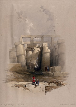 Leaning columns in the temple at Karnac, Thebes, Egypt. Coloured lithograph by Louis Haghe after David Roberts, 1849.