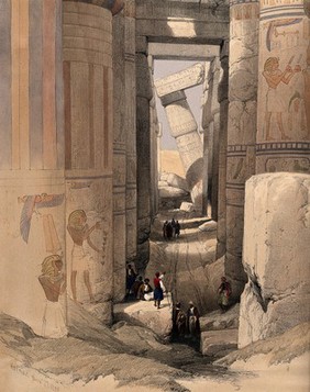 The temple at Karnac, Thebes, Egypt. Coloured lithograph by Louis Haghe, 1849, after David Roberts, 1838.