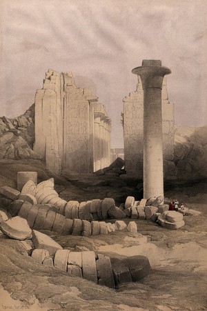 view Column of the pharaoh Taharqa, with temple ruins at Karnac, Thebes, Egypt. Coloured lithograph by Louis Haghe after David Roberts, 1849.