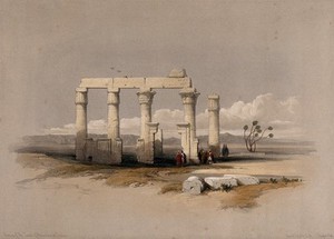 view Ruins of the temple of Madînat Habû at Thebes, Egypt. Coloured lithograph by Louis Haghe after David Roberts, 1849.