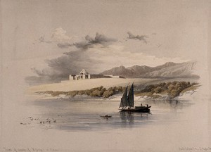 view Temple of Amdda of Hassaya seen from the river, Egypt. Coloured lithograph by Louis Haghe after David Roberts, 1849.