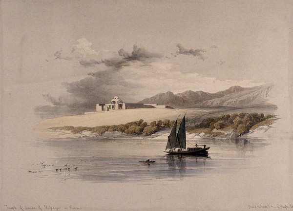 Temple of Amdda of Hassaya seen from the river, Egypt. Coloured lithograph by Louis Haghe after David Roberts, 1849.